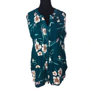 Knox Rose  Tunic Top Blouse M Green Floral Sleeveless Button Up High Low